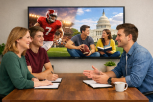 Gesprek in een kantoor met televisiescherm